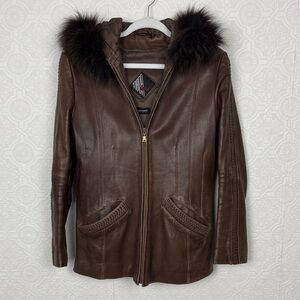 Tibor Leathers Brown Genuine Leather Fur Trim Hooded Jacket L Braided Detail